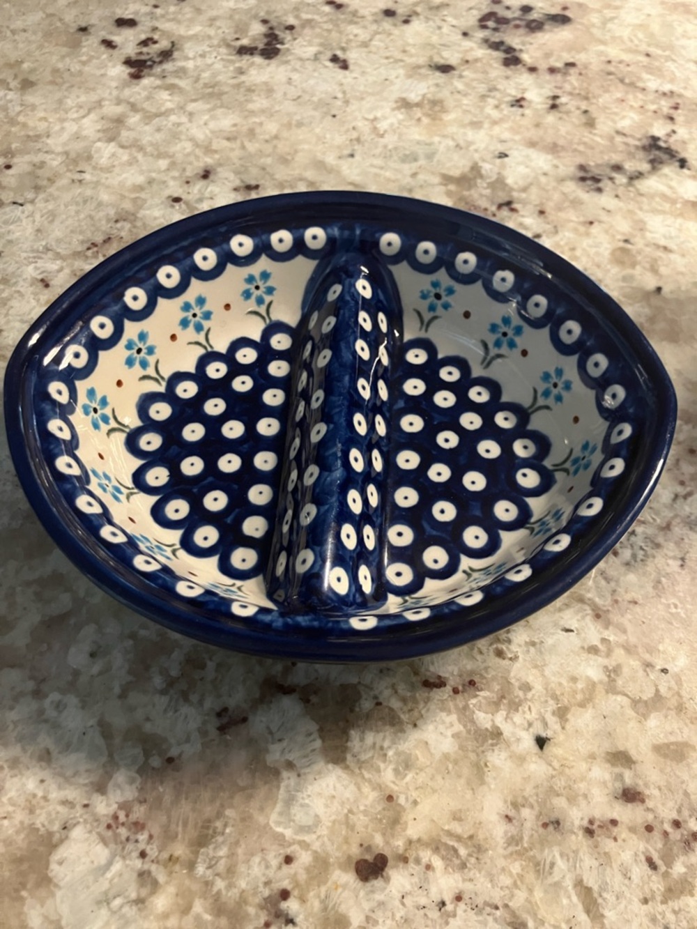 Blue Rose Polish Pottery Flowering Peacock Divided Dish NWT